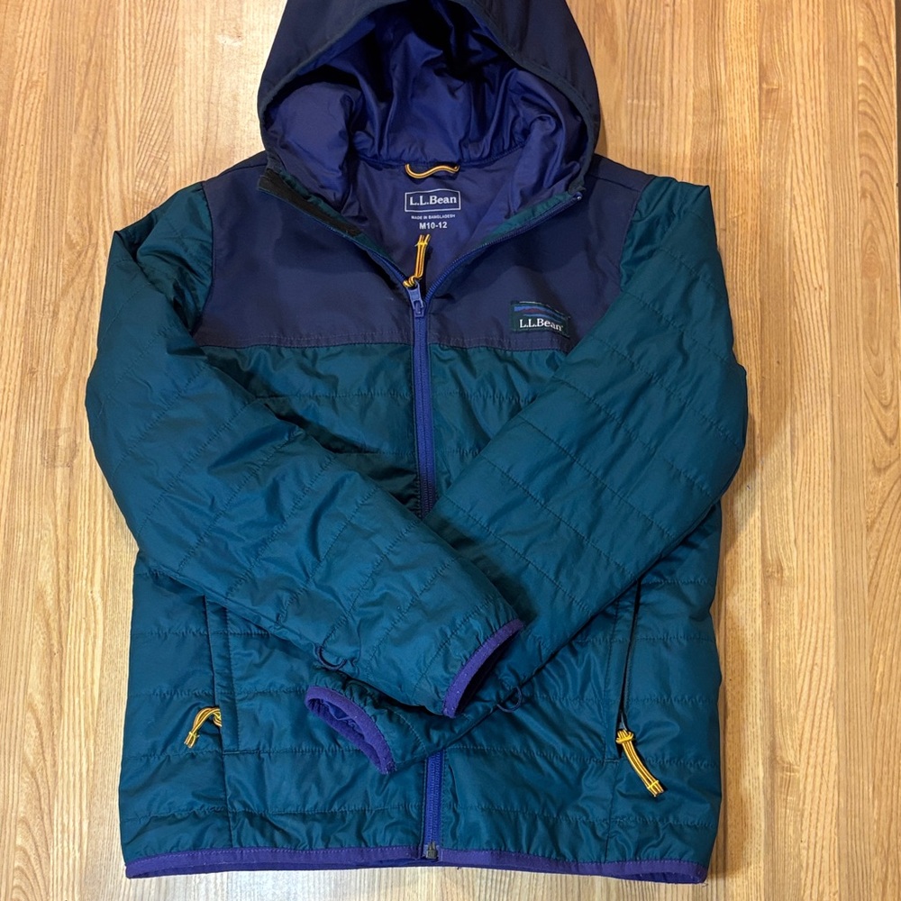 L.L. Bean Teal Puffer Jacket with Navy Yoke and Purple Trim